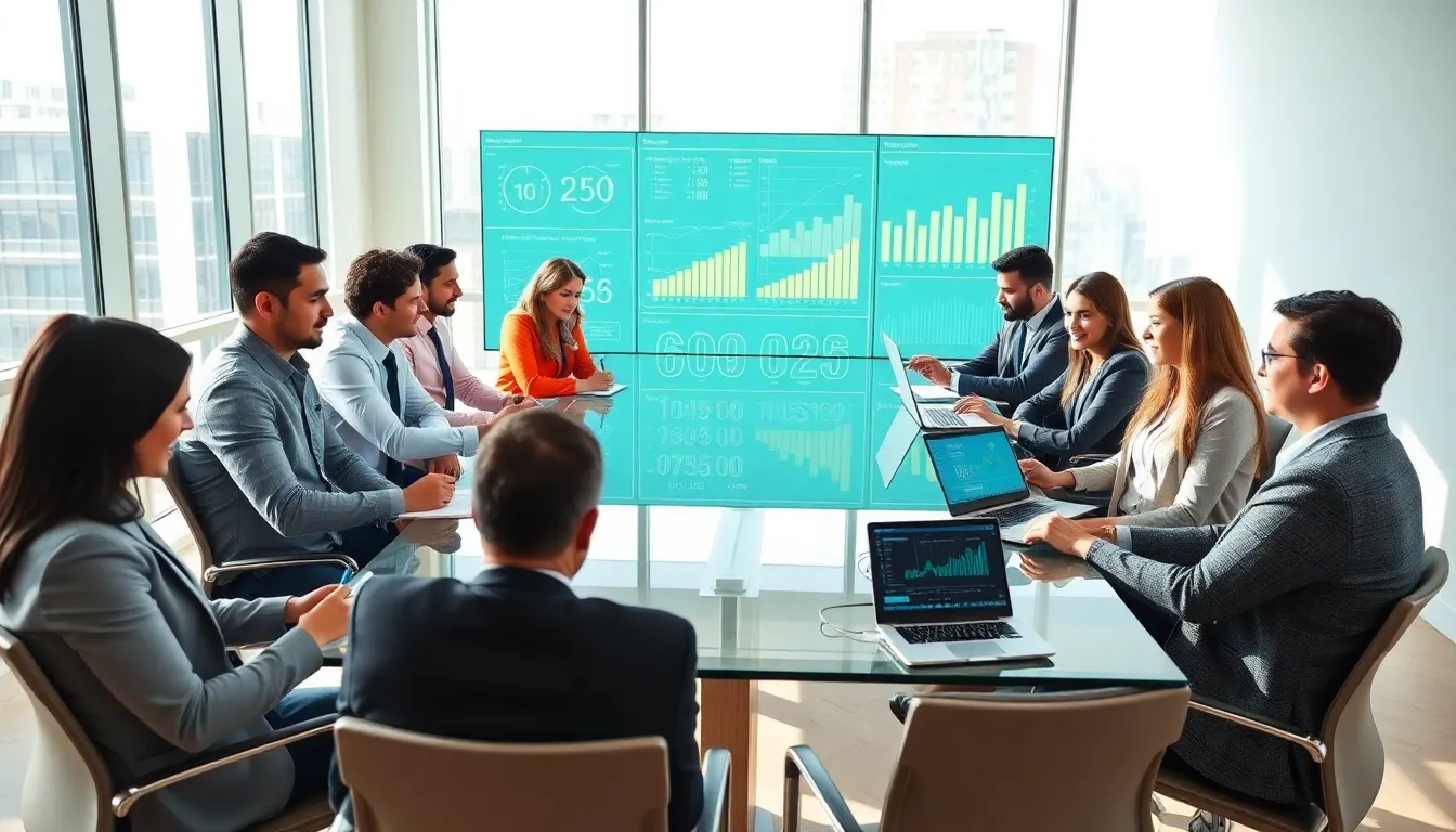 diverse professionals discussing numerical patterns in a modern conference room.