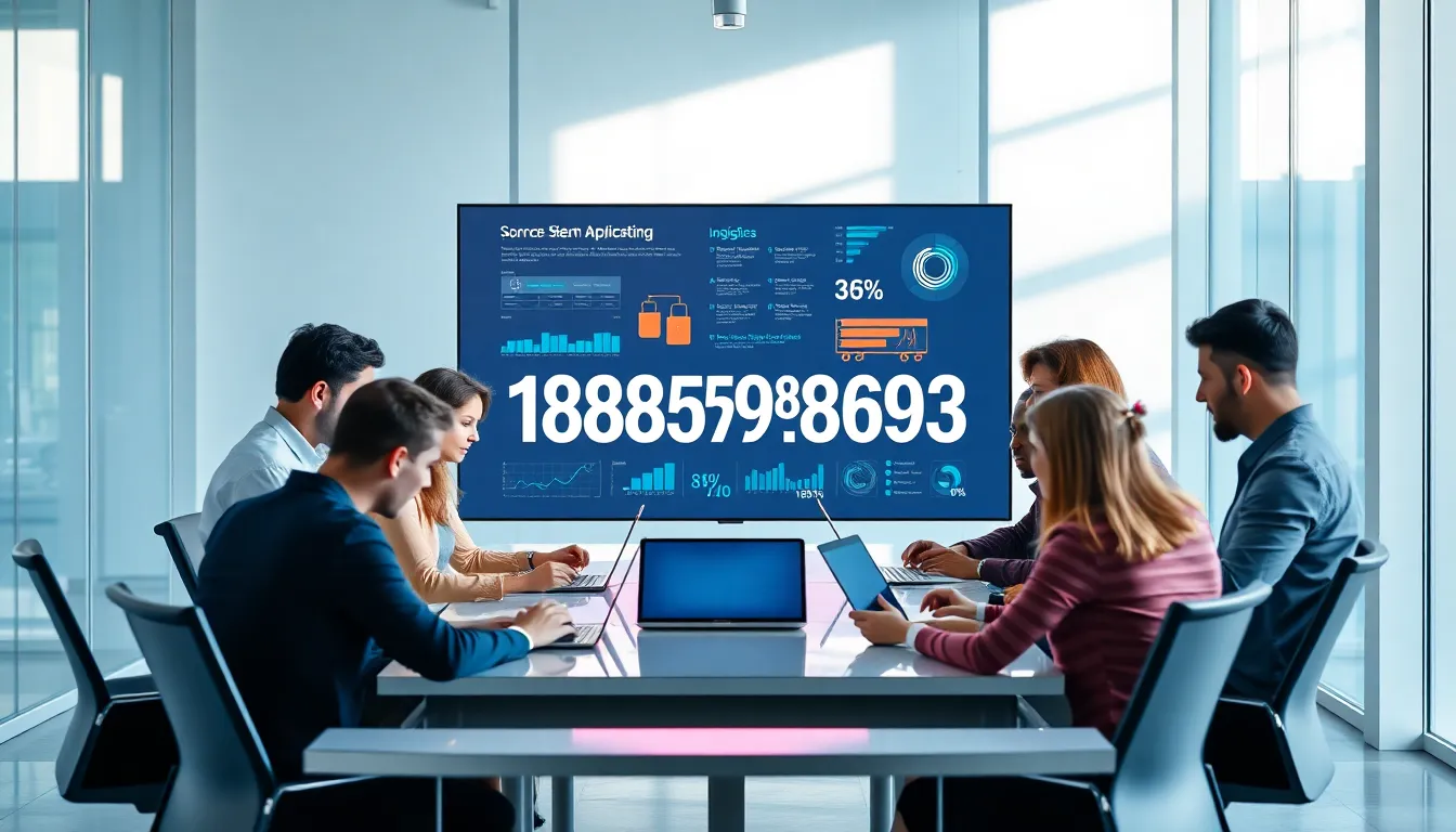 team analyzing the significance of the number 18885983693 in a modern office.